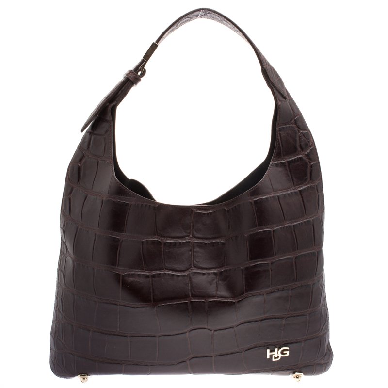 Pre Owned Givenchy Dark Brown Croc Embossed Leather Small Hobo