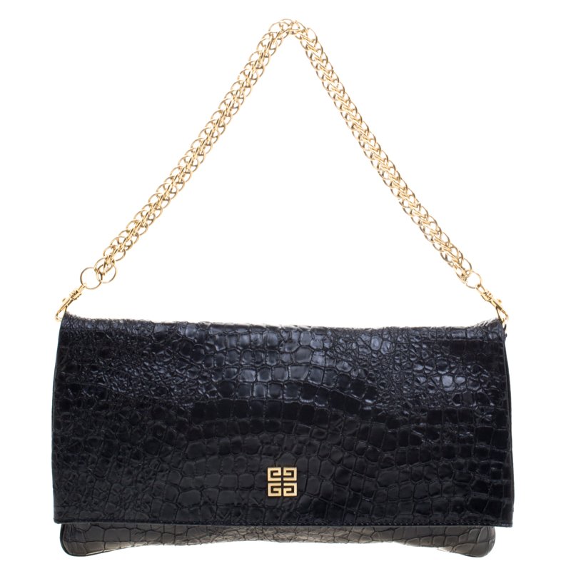 Pre Owned Givenchy Black Croc Embossed Leather Folded Chain Clutch