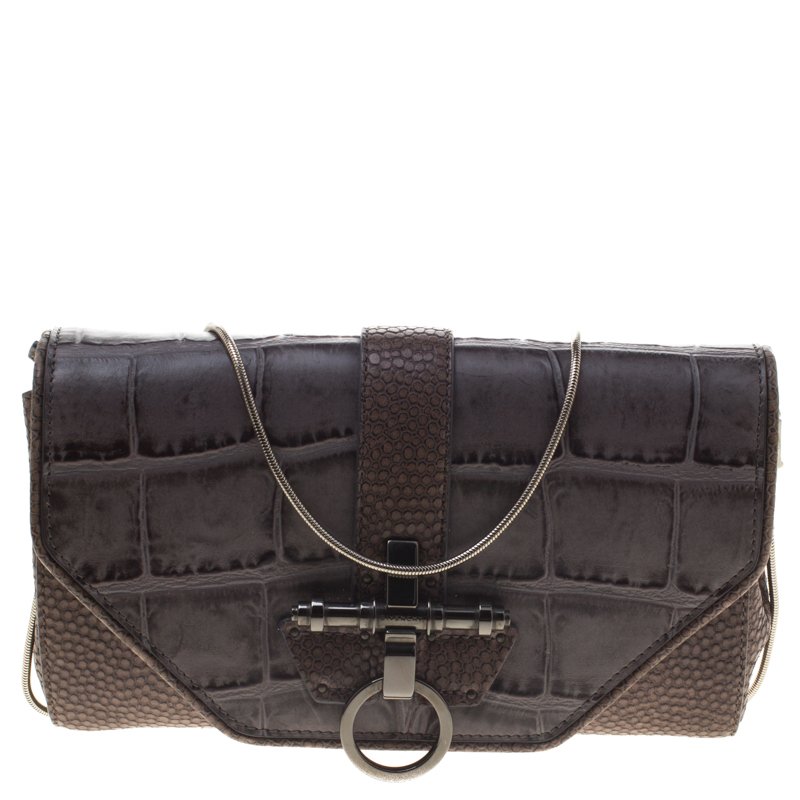 Pre Owned Givenchy Grey/Beige Croc and Lizard Embossed Leather Obsedia Shoulder Bag