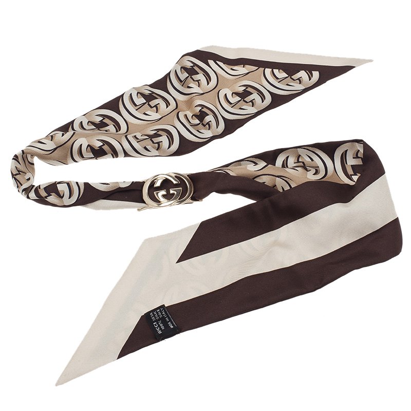 Gucci Brown Interlocking GG Logo Silk Bandeau with Removable Logo Clip