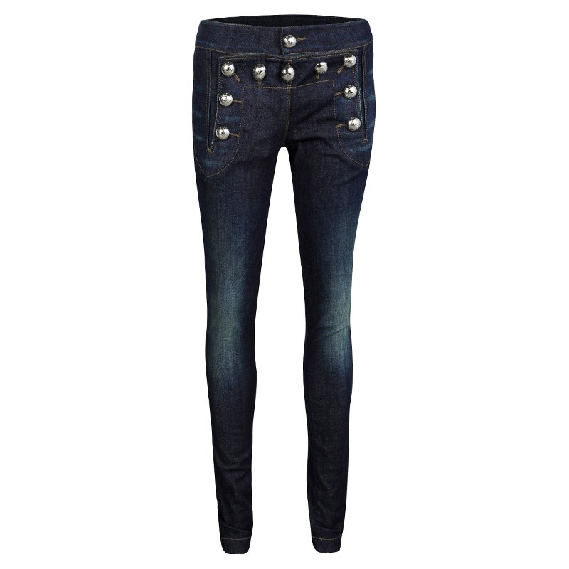Pre Owned Gucci Indigo Dark Wash Denim Buttoned Panel Detail Skinny Jeans XS