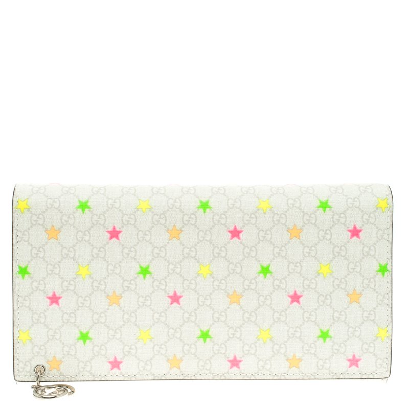 مملوكة مسبقًا Gucci White Micro GG Supreme Canvas Neon Stars Continental Wallet