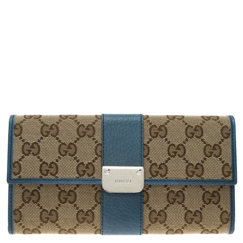 Gucci Beige Guccissima Canvas and Blue Trim Continental Wallet
