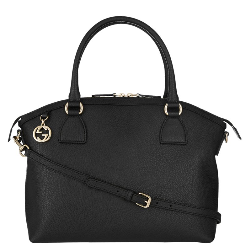 Pre Owned Gucci Black Pebbled Calfskin Leather GG Charm Top Handle Bag