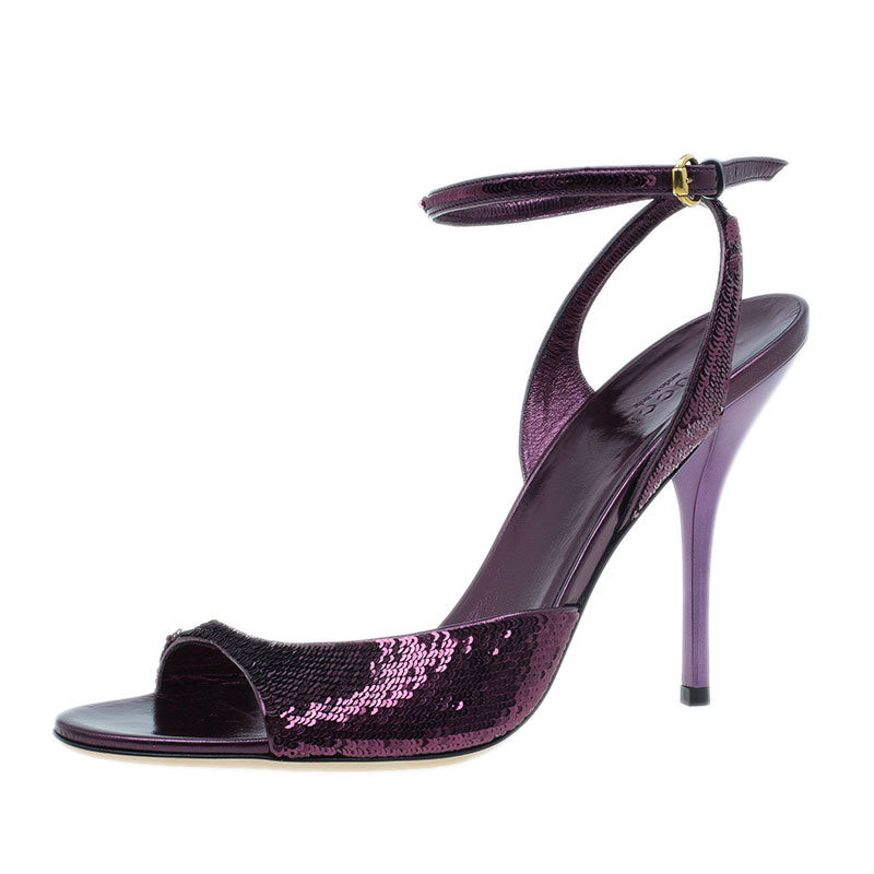 Gucci Purple Sequins Ankle Strap Sandals Size 40