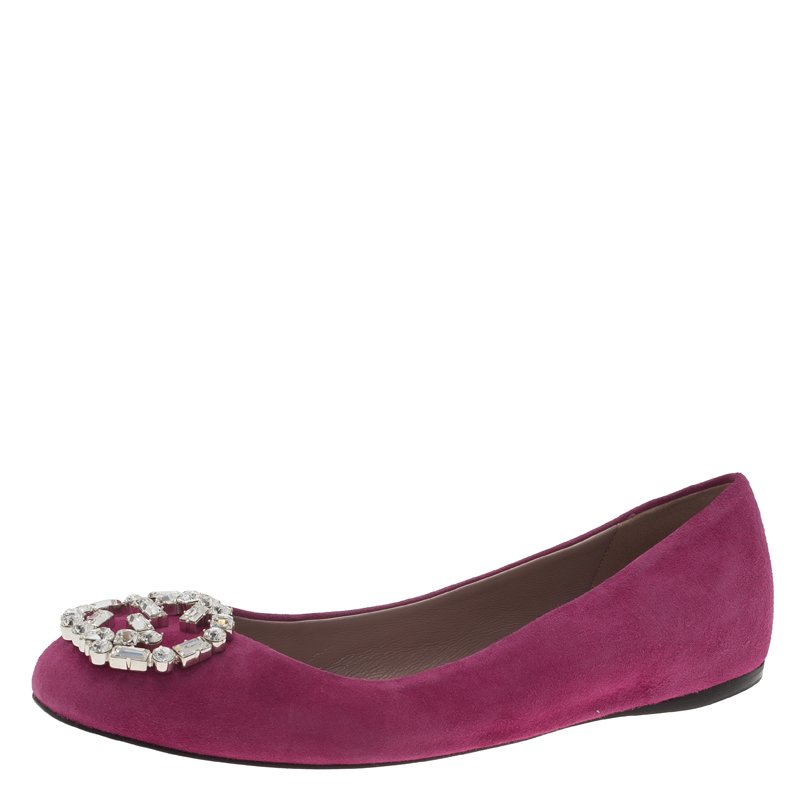 Pre Owned Gucci Pink Suede GG Crystal Ballet Flats Size 36.5