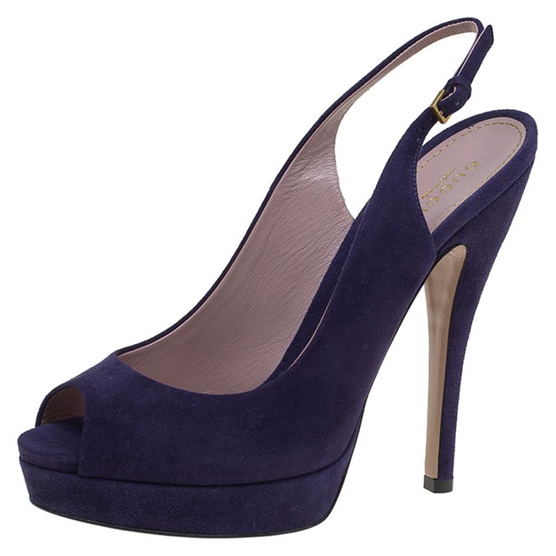 Pre Owned صندل غوتشي سويدي بنفسجي مقدمة مفتوحة نعل سميك بفتحة كعب مقاس 38.5