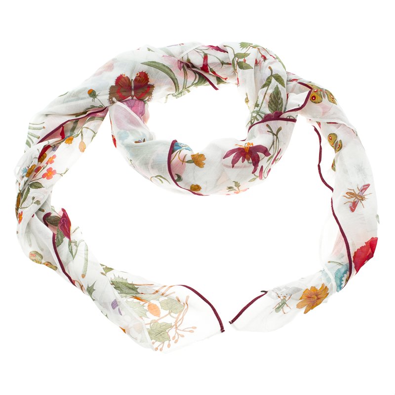 Pre Owned Gucci White Flora Capsule Collection Printed Scarf