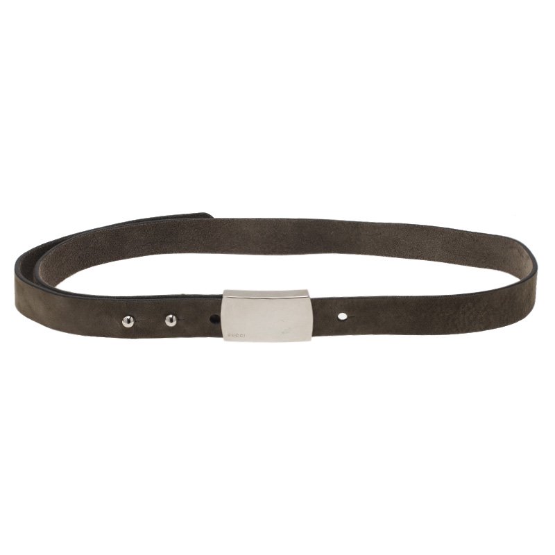 Pre Owned Gucci Grey Suede Logo Plaque Skinny Belt 75CM