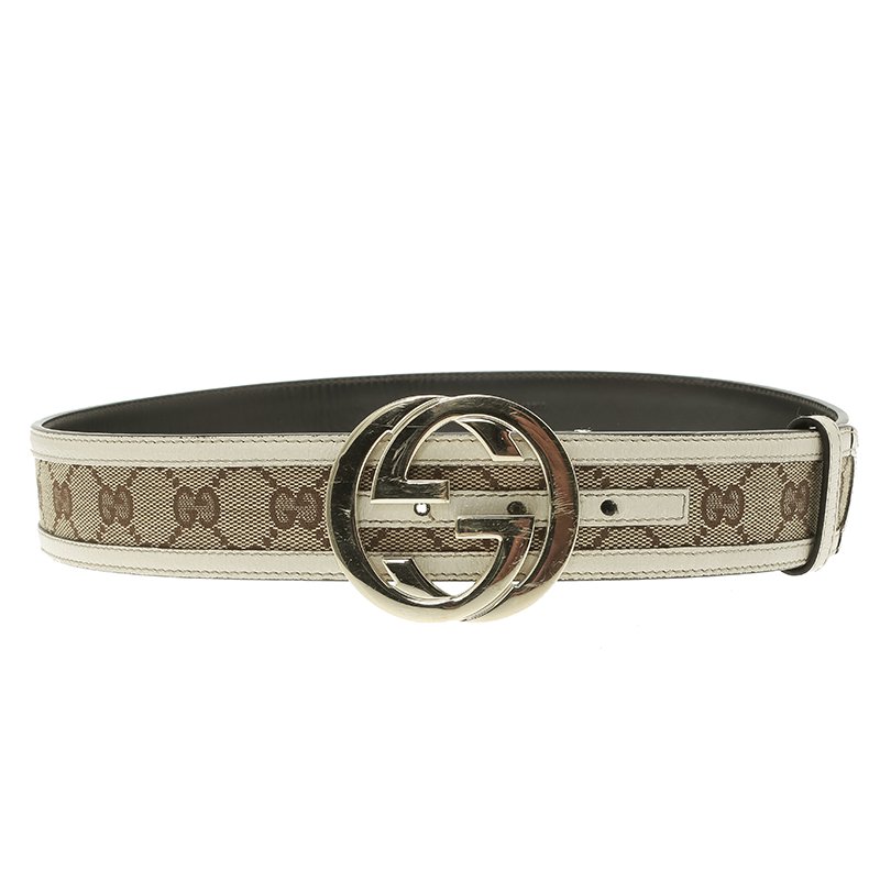 مملوكة مسبقًا حزام غوتشي بنقوش وأبزيم GG جلد وكانفاش 95 سم
