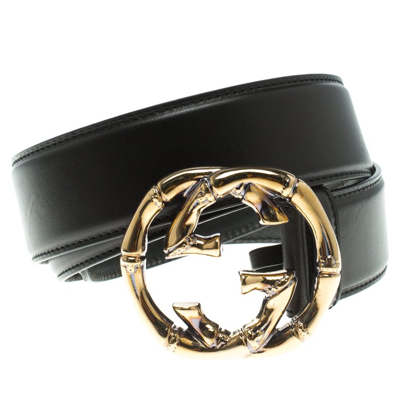 Gucci Black Leather Bamboo Engraved Interlocking G Buckle Belt