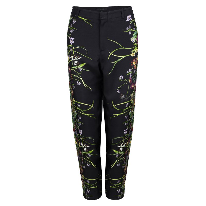 Gucci Black Floral Printed Silk Tailored Pants M