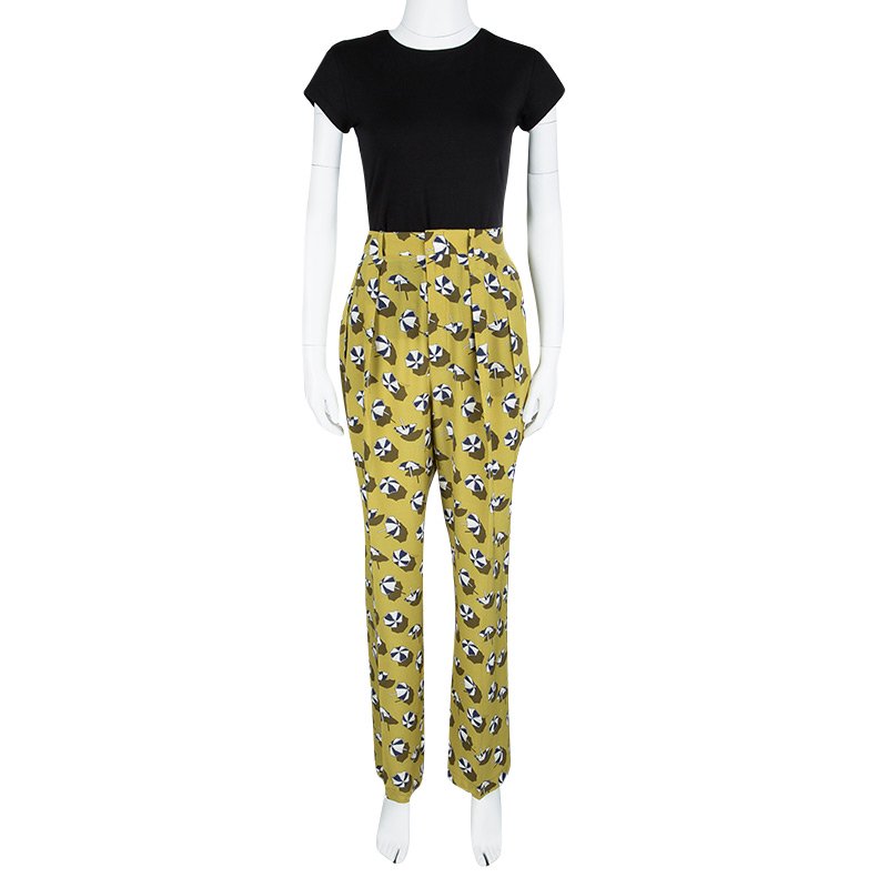 Gucci Green Silk Beach Umbrella Print High Waist Trousers M