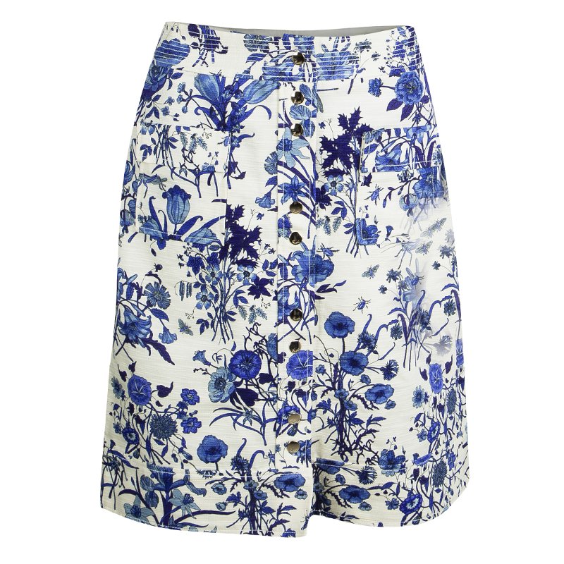 Pre Owned Gucci White And Blue Floral Printed Cotton Button Front Skirt M
