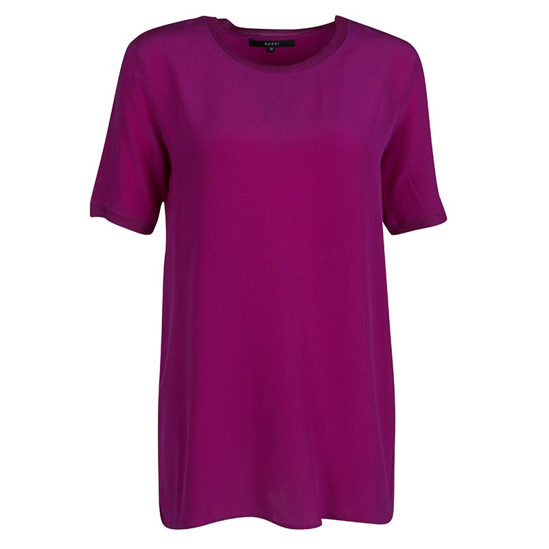 مملوكة مسبقًا توب غوتشي أكمام قصيرة فتحة ظهر حرير وردي أرجواني S