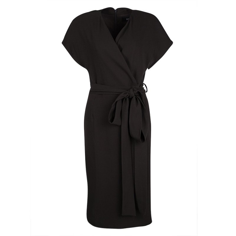 Pre Owned Gucci Brown Wool Overlap Front Belted Dress S