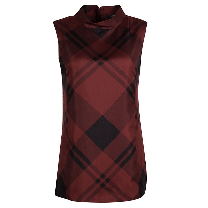 مملوكة مسبقًا Gucci Red Holiday Checked Silk Sleeveless High Neck Top S