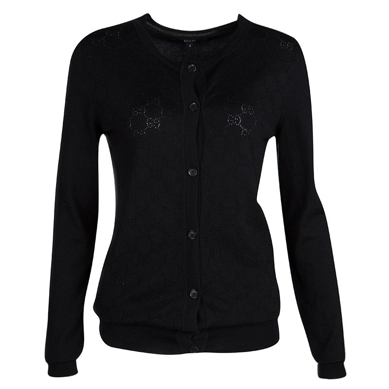 Gucci Black Monogrammed Perforated Knit Button Front Cardigan S