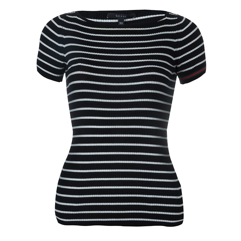 Pre Owned Gucci Monochrome Striped Ribbed Knit Top XS
