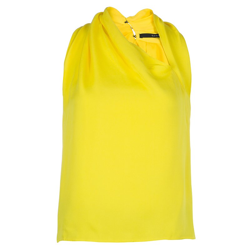 Pre Owned توب غوتشي  بخط رقبة غير متماثل بلا أكمام حرير أصفر M