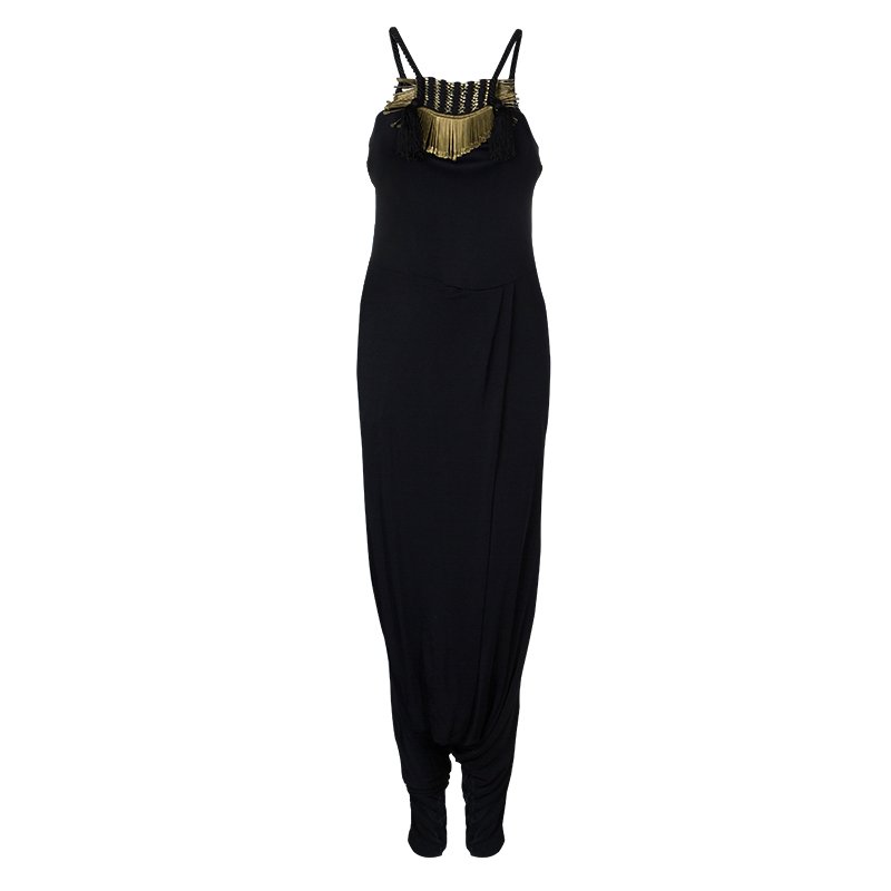 Pre Owned Gucci Black Knit Gold Metal Embellishment Detail Harem Maxi Dress M