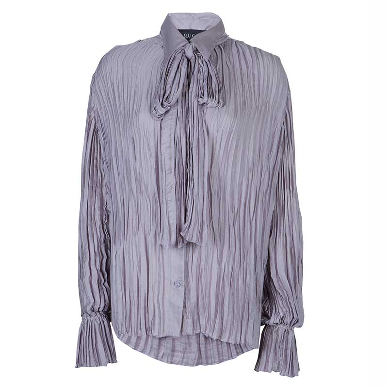 مملوكة مسبقًا Gucci Lavender Crinkled Neck Tie Detail Long Sleeve Blouse M