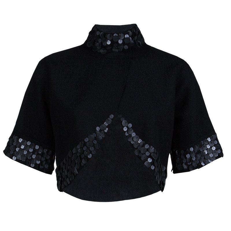 Gucci Black Wool Circular Leather Trim Detail Bolero Jacket S