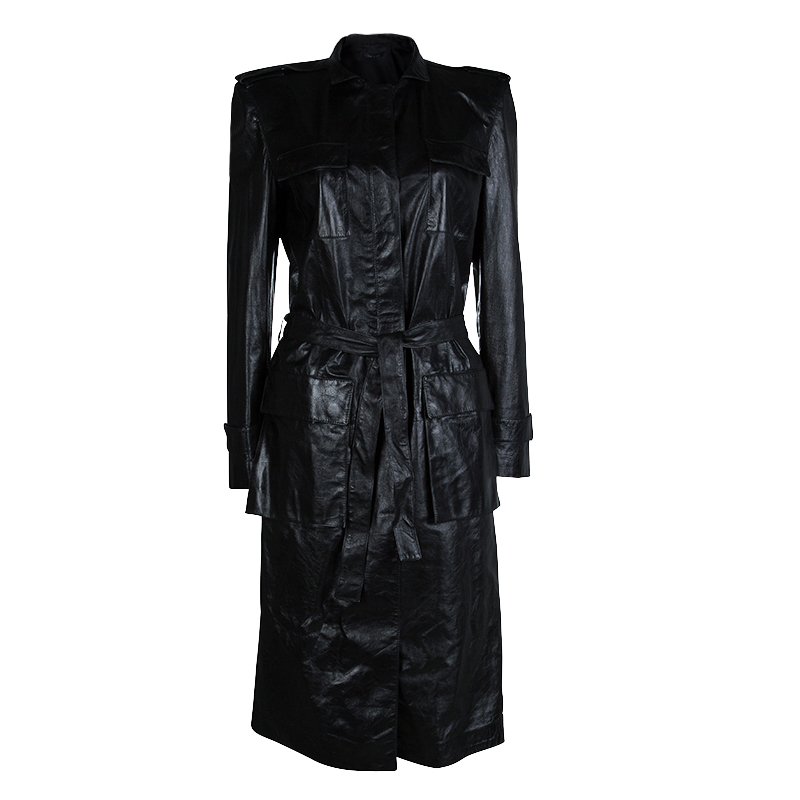 Pre Owned Gucci Black Leather Long Belted Overcoat M