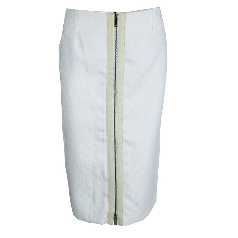 Pre Owned Gucci White Monogrammed Zip Detail Pencil Skirt S