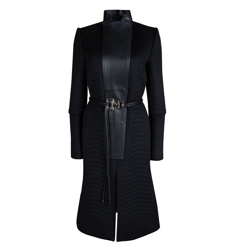 Gucci Black Quilted Wool Leather Trim Belted Overcoat M