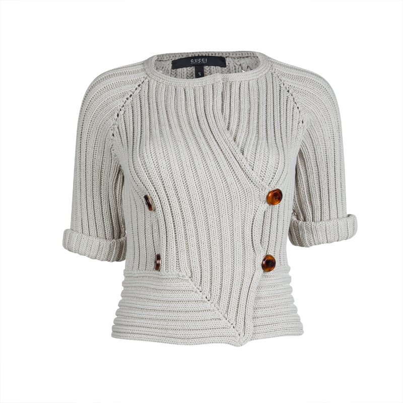 Pre Owned Gucci Beige Chunky Rib Knit Overlap Detail Cardigan S