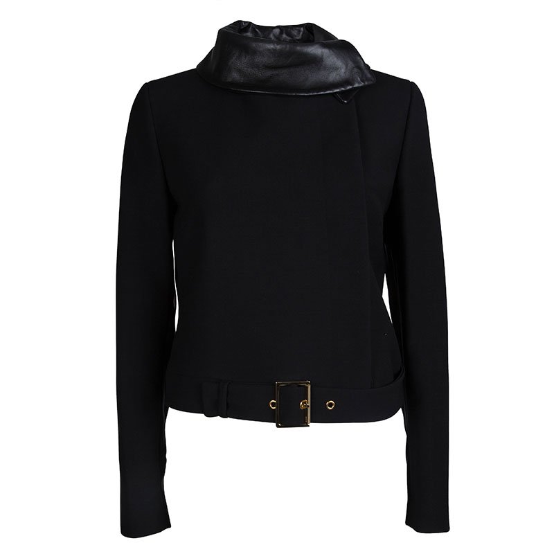 Gucci Black Leather Collar Detail Wool Jacket M