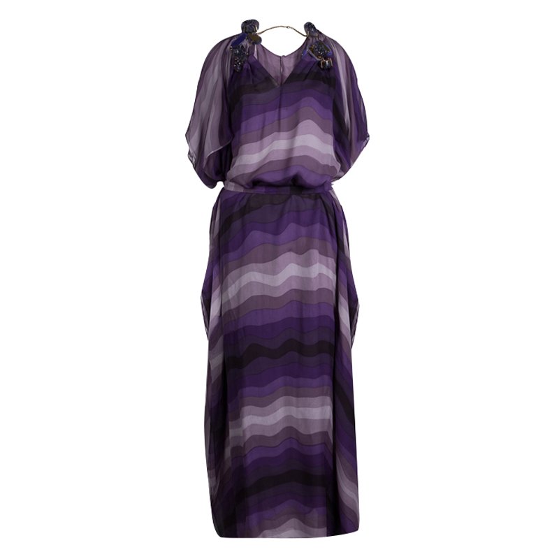 Gucci Purple Striped Silk Embellished Kaftan Maxi Dress M 