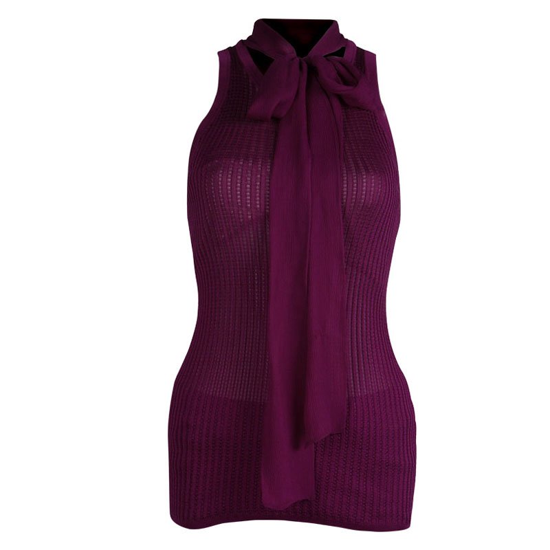 Gucci Purple Rib Knit Neck Tie Detail Sleeveless Top L