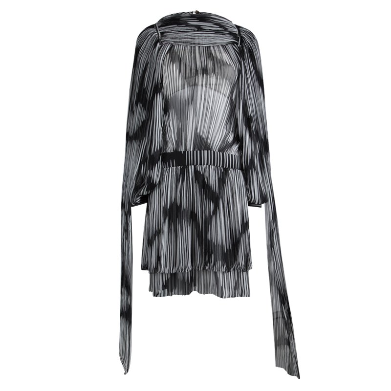Pre Owned Gucci Monochrome Plisse Silk Tie Detail Long Sleeve Dress S