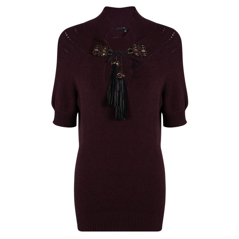 Pre Owned Gucci Burgundy Knit Tassel Detail Short Sleeve Sweater XL