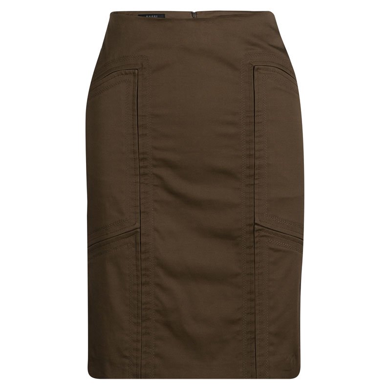 Pre Owned Gucci Brown Cotton Paneled Slit Detail Skirt M