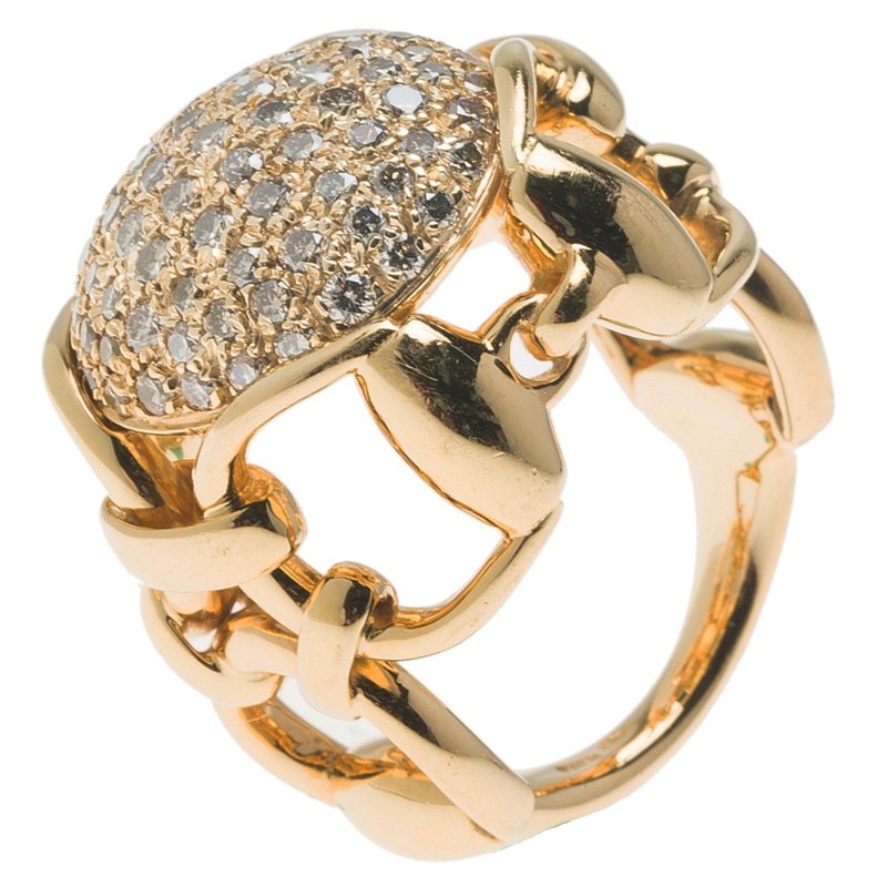 مملوكة مسبقًا Gucci Horsebit Dome Diamond and Yellow Gold Ring Size 50.5