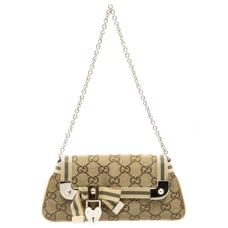 Pre Owned Gucci Gold GG Canvas Chain Pochette Bag