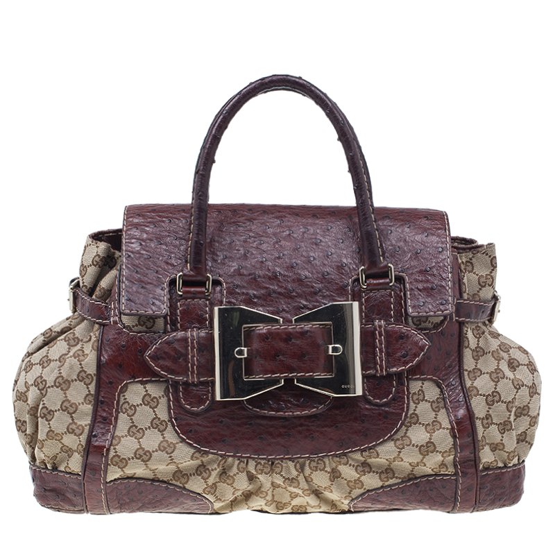 Pre Owned Gucci Brown Monogram Canvas Ostrich Leather Large Queen Top Handle Bag