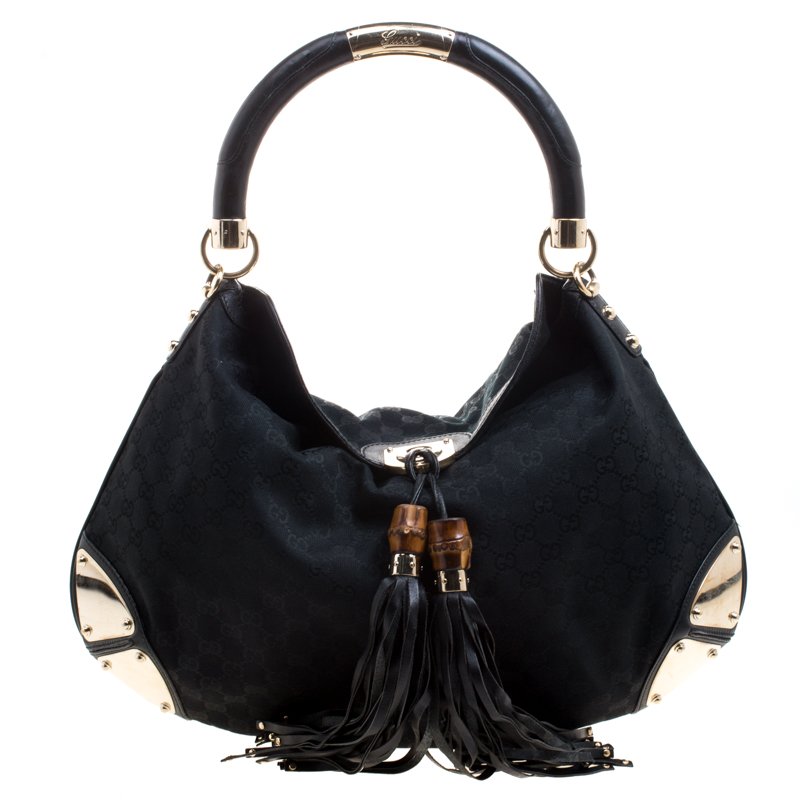 Pre Owned Gucci Black GG Canvas Large Indy Top Handle Bag