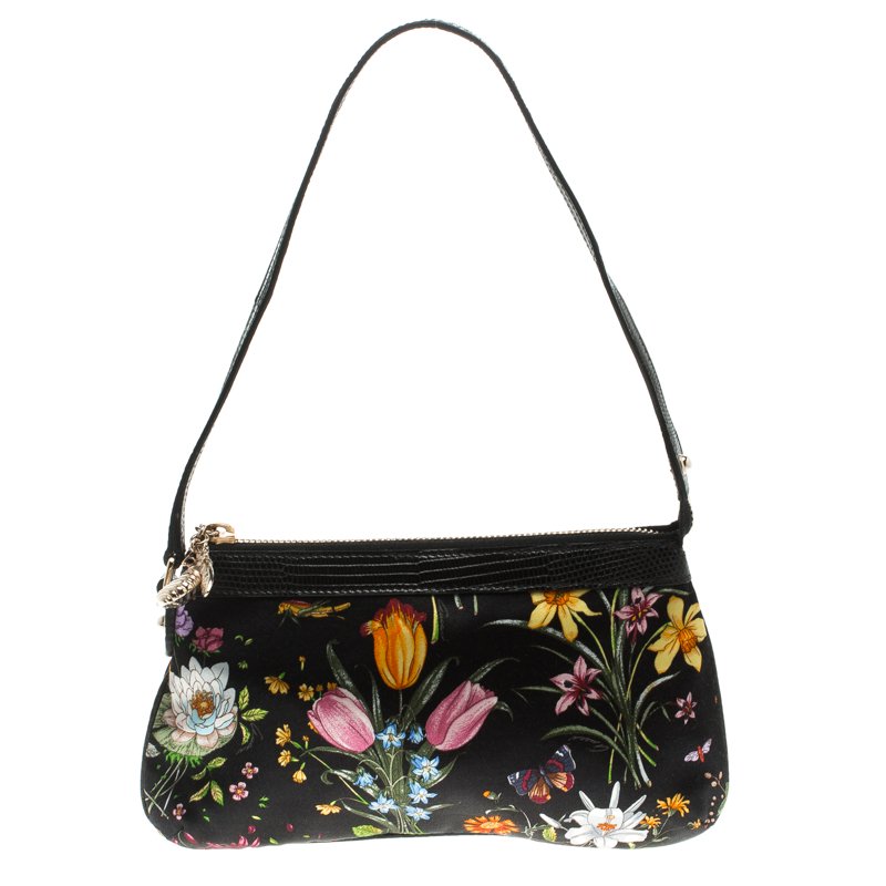 مملوكة مسبقًا Gucci Black Silk Flower Garden Bee Charm Pochette