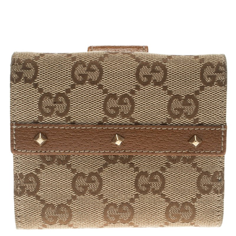Gucci Beige/Brown GG Canvas Nailhead Compact Wallet