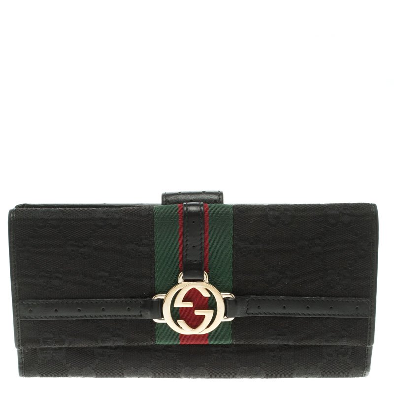 Gucci Black GG Canvas Web Interlocking GG Continental Wallet 