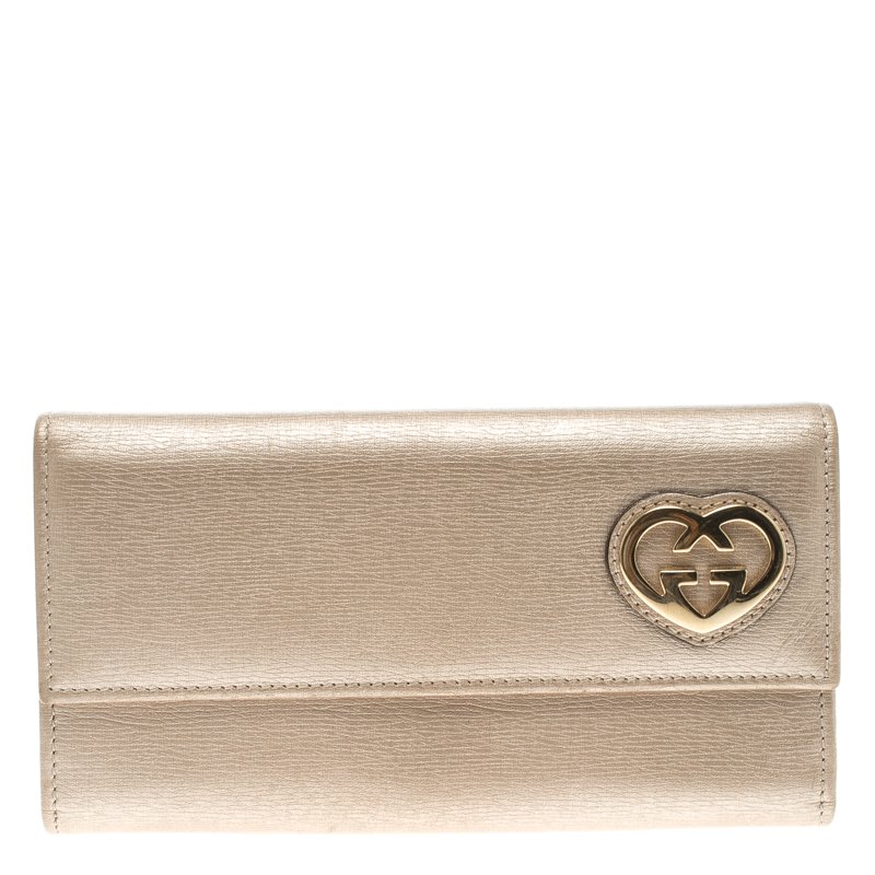 Pre Owned Gucci Metallic Beige Leather Lovely Heart Continental Wallet