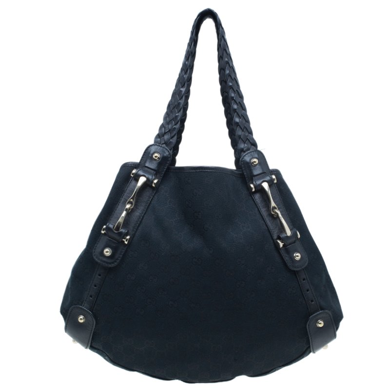 مملوكة مسبقًا Gucci Black Monogram Canvas Horsebit Pelham Hobo