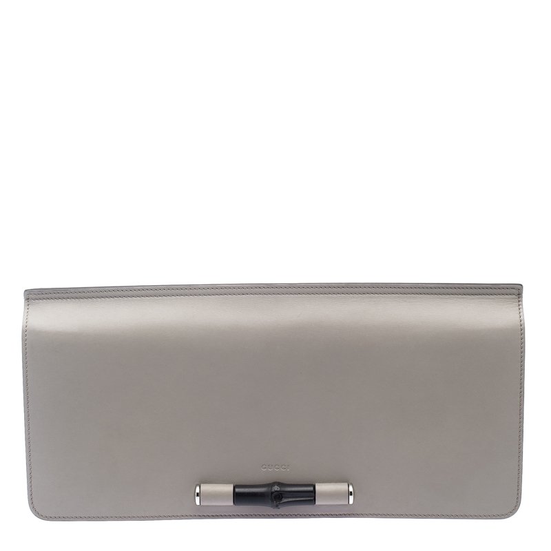 Gucci Grey Leather Lady Bamboo Clutch