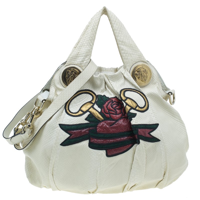 Pre Owned Gucci White Python Hysteria Tattoo Edition Hobo