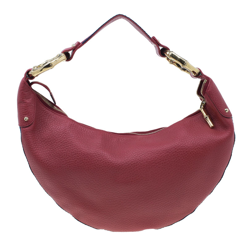 Gucci Red Pebbled Leather Half Moon Bamboo Ring Hobo Bag
