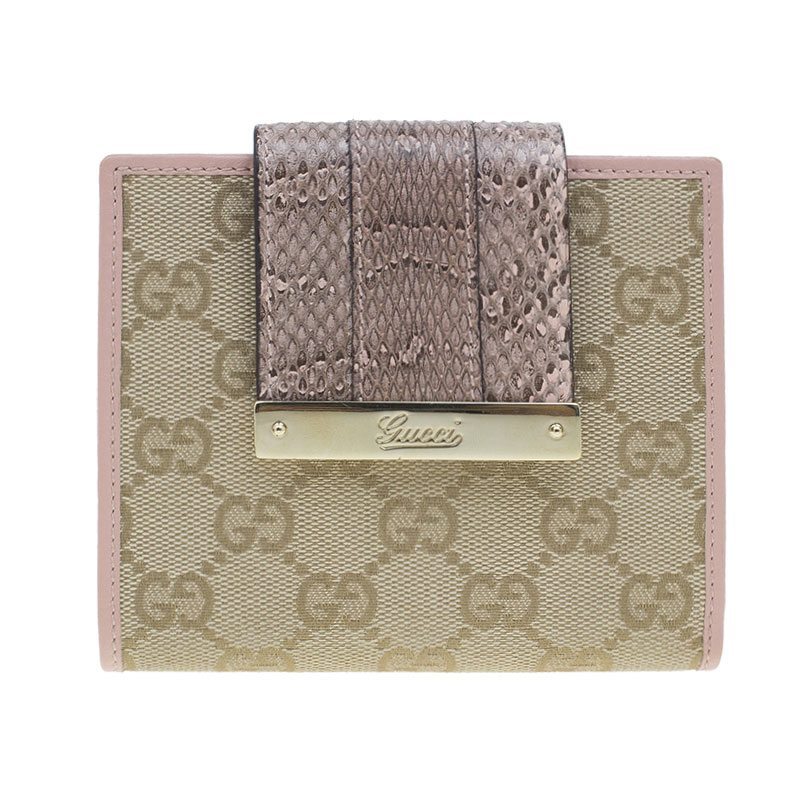 Gucci Pink Guccissima Canvas and Python Flap Compact Wallet 